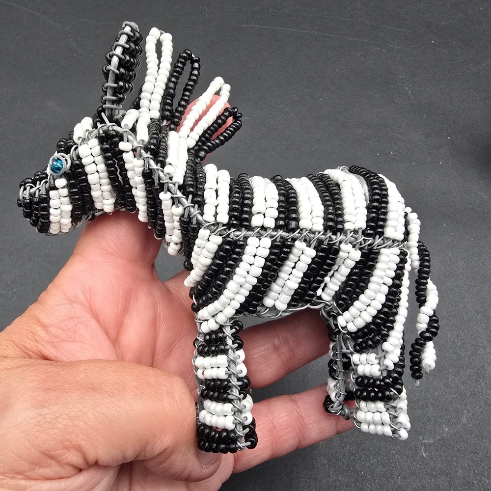 African Wire Bead Animal Figurines Set Lion Zebra Hippo Safari Folk Art 3pc - Picture 4 of 12